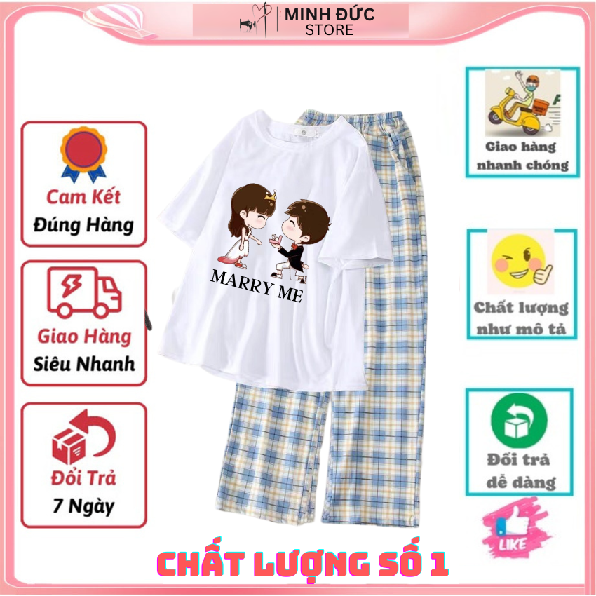 Sét Bộ Nữ SS15, Sét Đồ Nữ Đi Chơi Đẹp In Hình Cầu Hôn Dễ Thương, Sét Áo Và Quần Kẻ Màu Cá Tính - ÁO XANH+ Q.KẺ XANH