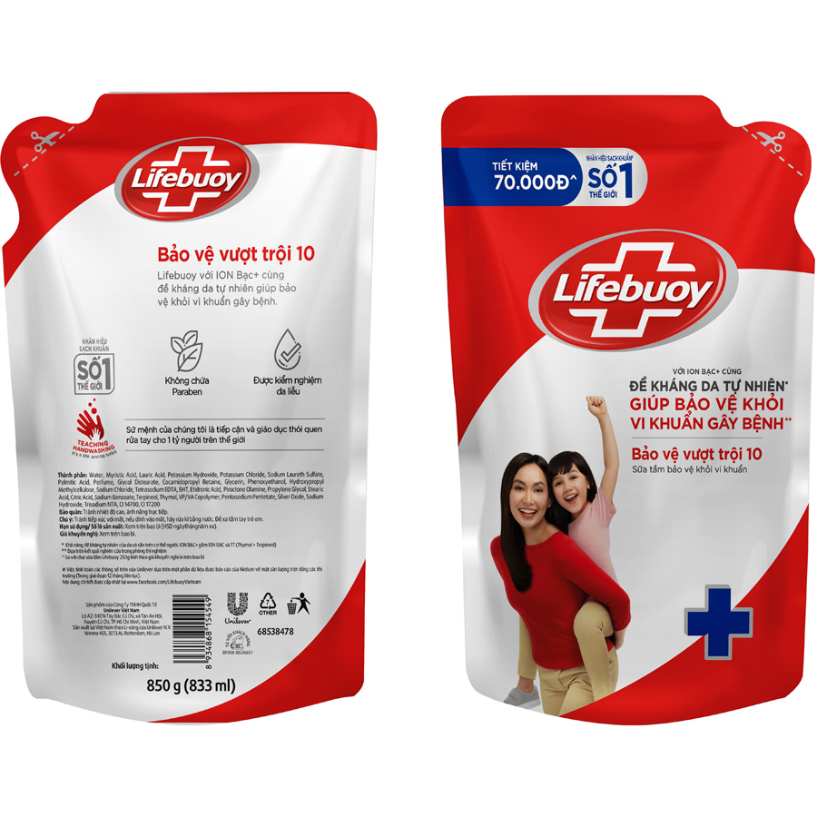 Sữa Tắm Lifebuoy Sạch Khuẩn Bảo Vệ Khỏi 99.9% Vi Khuẩn Chứa Ion Bạc+ Hỗ Trợ Cùng Đề Kháng Da Tự Nhiên Túi 800G