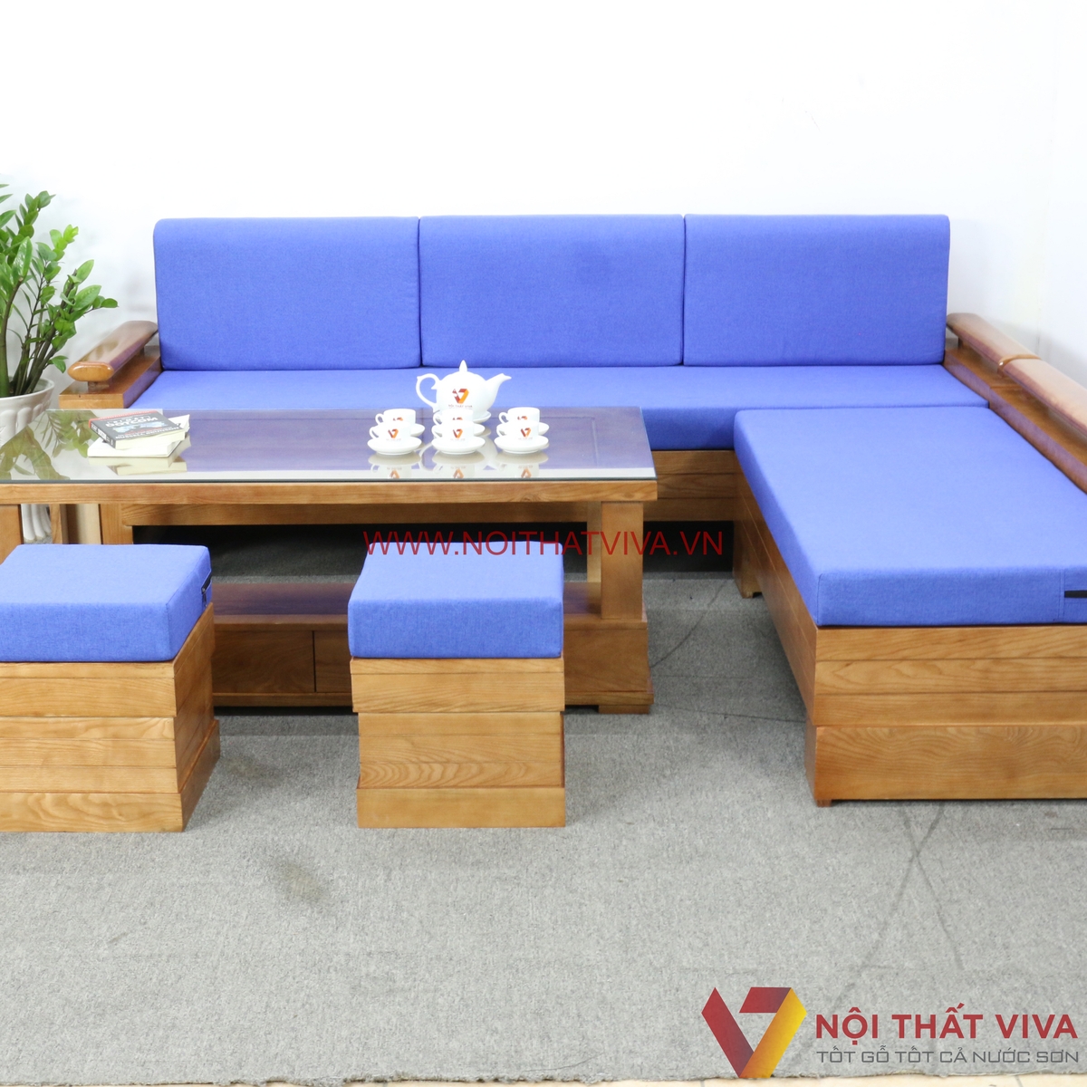 Bộ Bàn Ghế Phòng Khách Gỗ Sồi Nga Kèm Nệm Màu Xanh Dương Đẹp Giá Rẻ