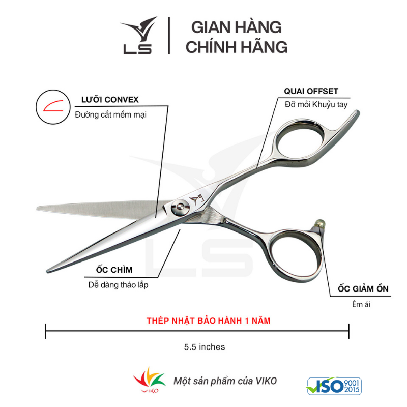 Kéo cắt tóc LS lưỡi thẳng quai offset vênh đỡ ngón cố định JP553