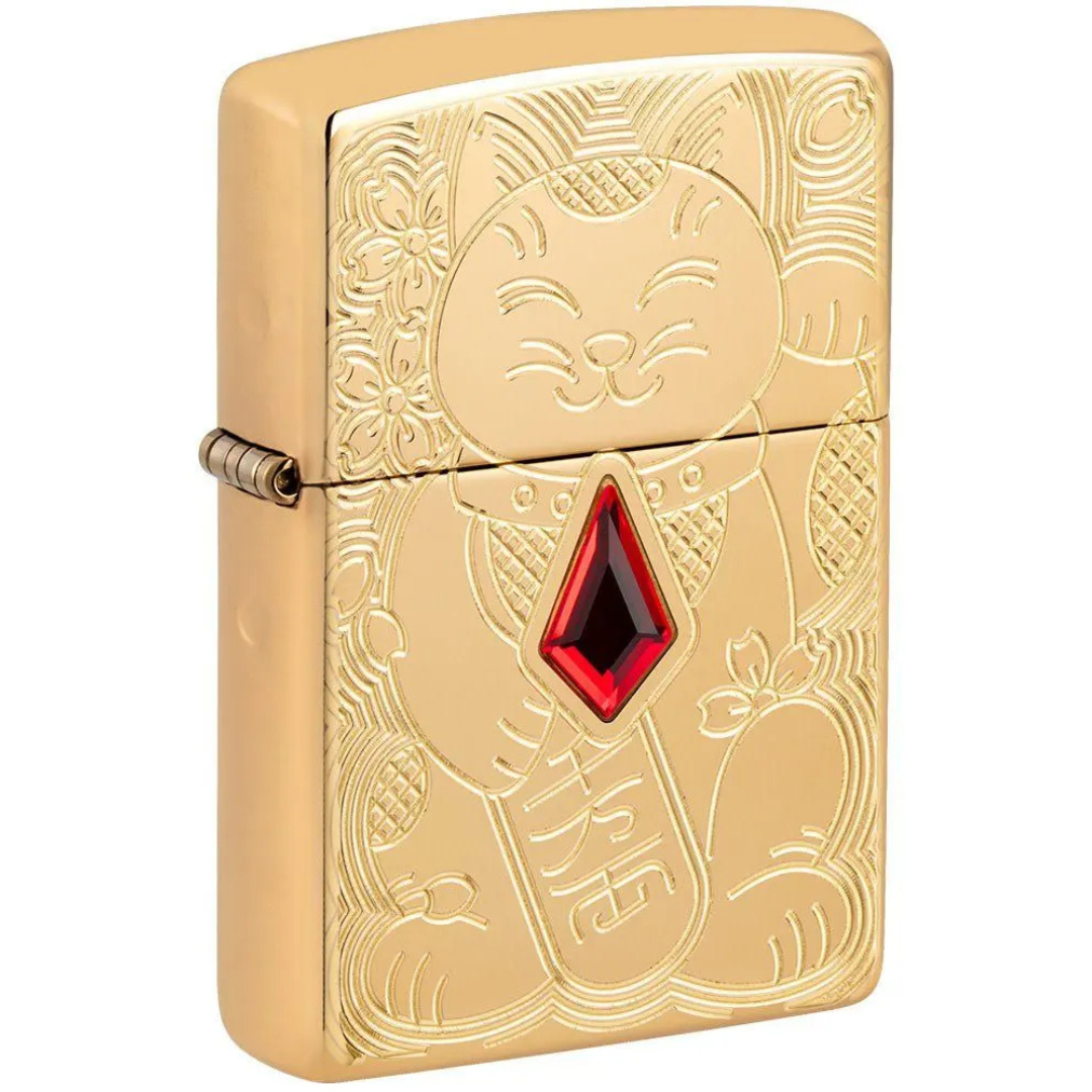 Zippo Armor Lucky Cat Chính Hãng – Bật Lửa Mèo May Mắn Mạ Vàng Đính Đá Đỏ
