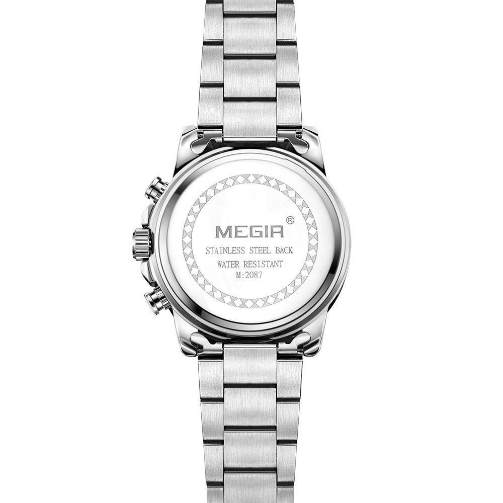 Đồng hồ Quartz Thể thao đơn giản Dây đeo bằng thép không gỉ 3ATM Lịch chống nước Chronograph Luminous MEGIR 2087 Nam