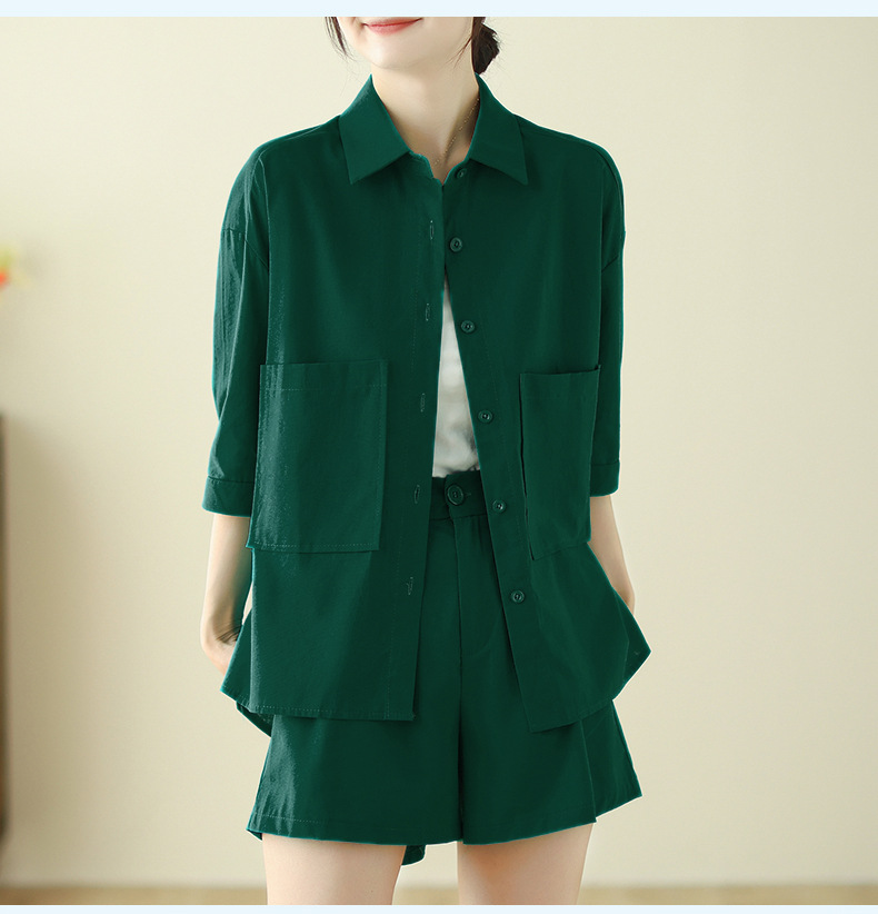 Bộ đồ cho nữ 2 chi tiết gồm áo sơ mi có túi và quần short dáng chữ A, set linen nữ hàn quốc