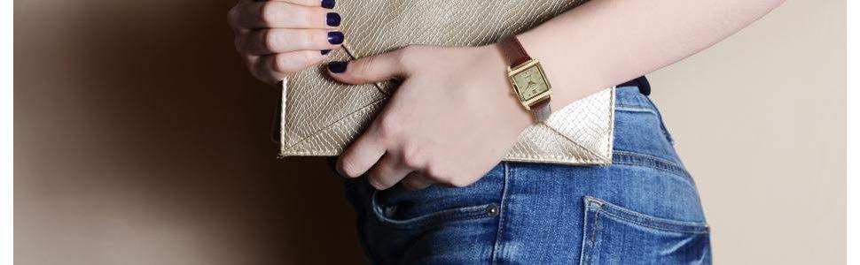 Peugeot Women s Small Square Case Crystal Marker Genuine Leather Strap Watch 1