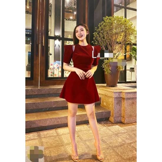 Váy Nhung Thiết Kế, Váy Dạ Dáng Xòe / Đỏ - Đen / Size S-M / CÁO HỒNG SHOP