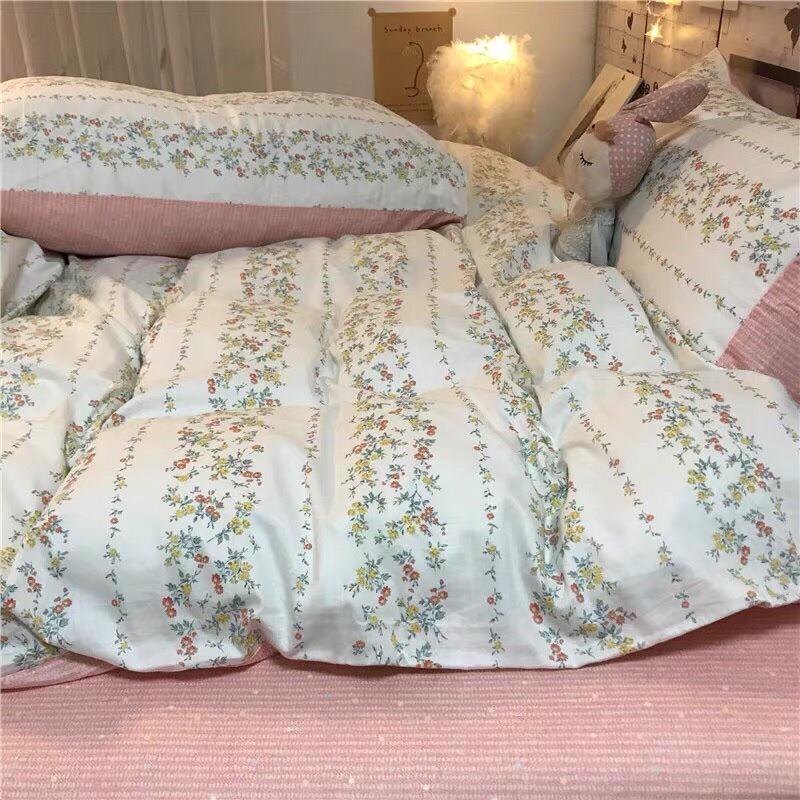 Bộ Chăn Ga Gối Cotton 100% Hàng Nhập Khẩu 4 Món Hoa Dây Ngang Siêu Xinh Với 4 Tông Màu