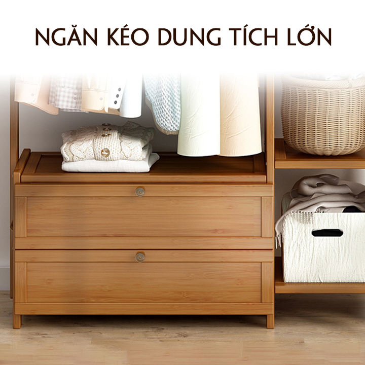 Tủ treo quần áo gỗ 3 ngăn thông minh, Giá treo đồ đa năng bằng gỗ tre cấp 138x100cm