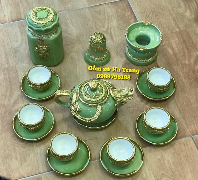 Ấm chén Bát Tràng cao cấp Men ngọc bọc đồng hoạ tiết rồng