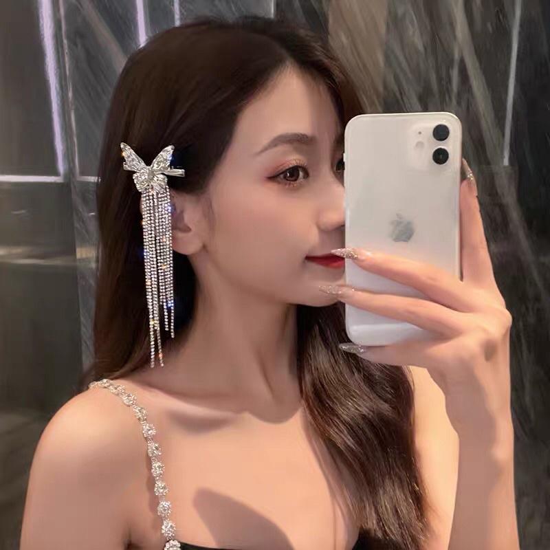Kẹp Tóc Kim Loại Butterfly Đính Đá Tua Rua Siêu Sang Dự Tiệc Mainia Shop