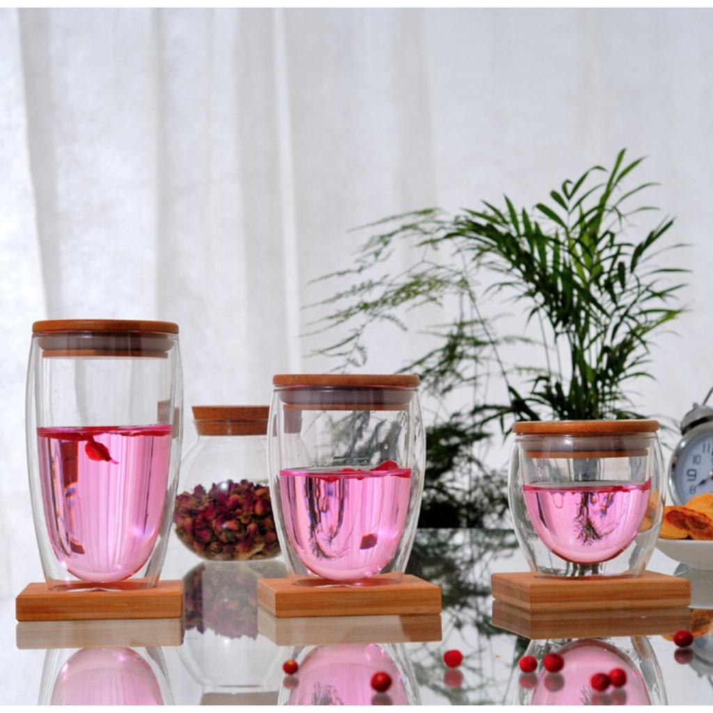 Ly thuỷ tinh 2 lớp chân không nắp gỗ trang trí phòng sách, quán trà, cà phê 450ml