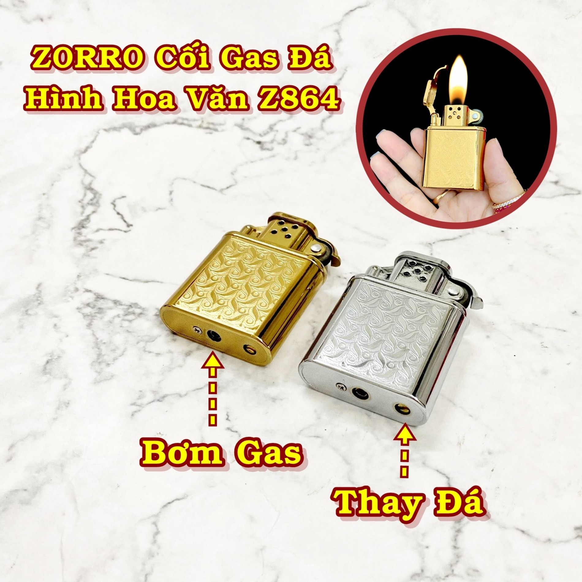 Bật lửa hột quẹt ZORRO cối gas đá hình hoa văn Z864 - xài gas