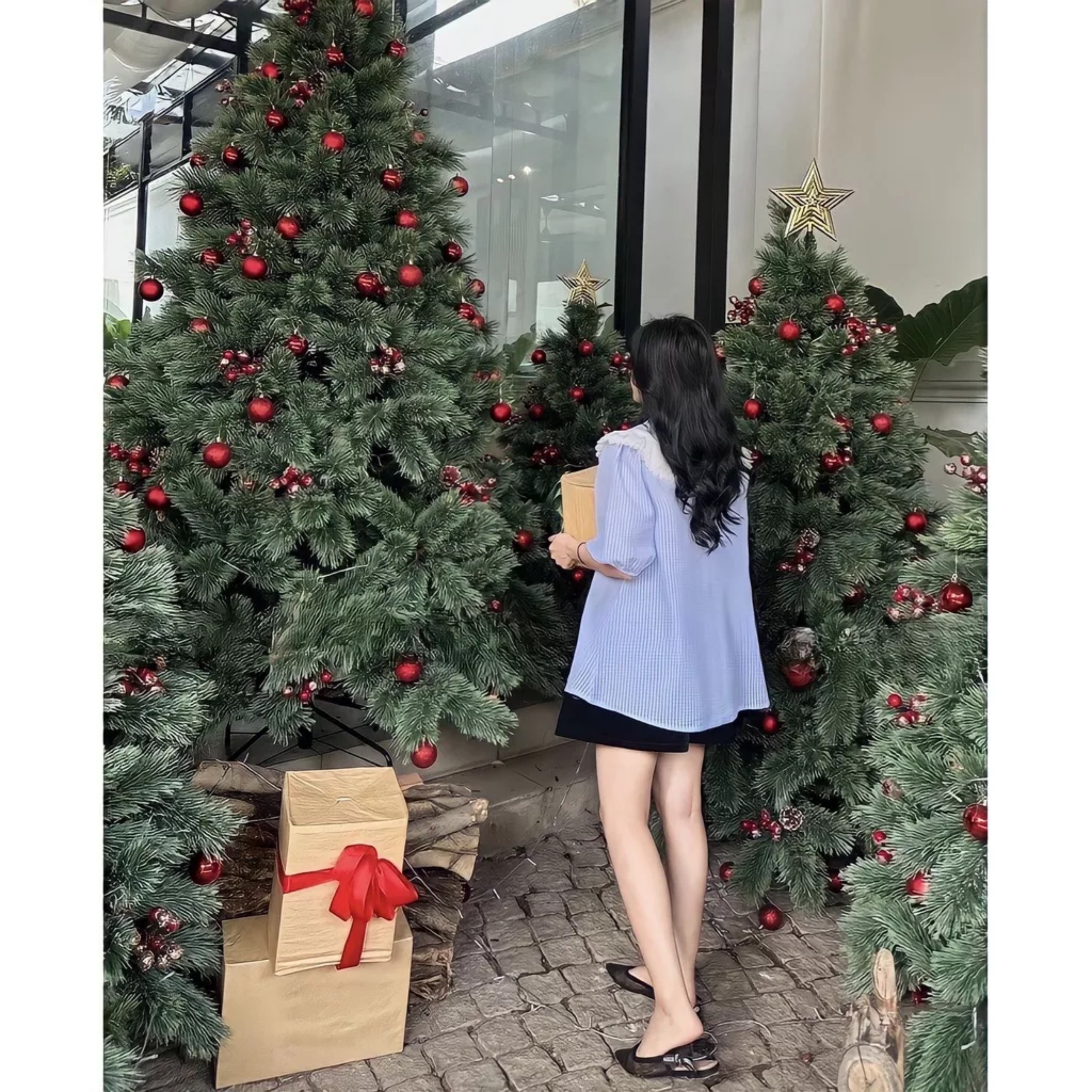 Áo Sơ Mi Nữ Cổ Sen Viền Bèo Tay Bồng Kẻ Vải Xốp Phối Màu Tiểu Thư Siêu Xinh