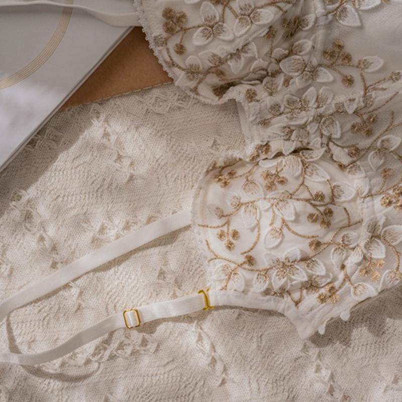 Áo Lót Nữ Thêu Hoa Áo Bralette Ren Mỏng Áo Ngực Và Quần Lót Bộ Sexy Màu Trắng Cổ Tích Rộng Ngực Điều Chỉnh Quần Lót