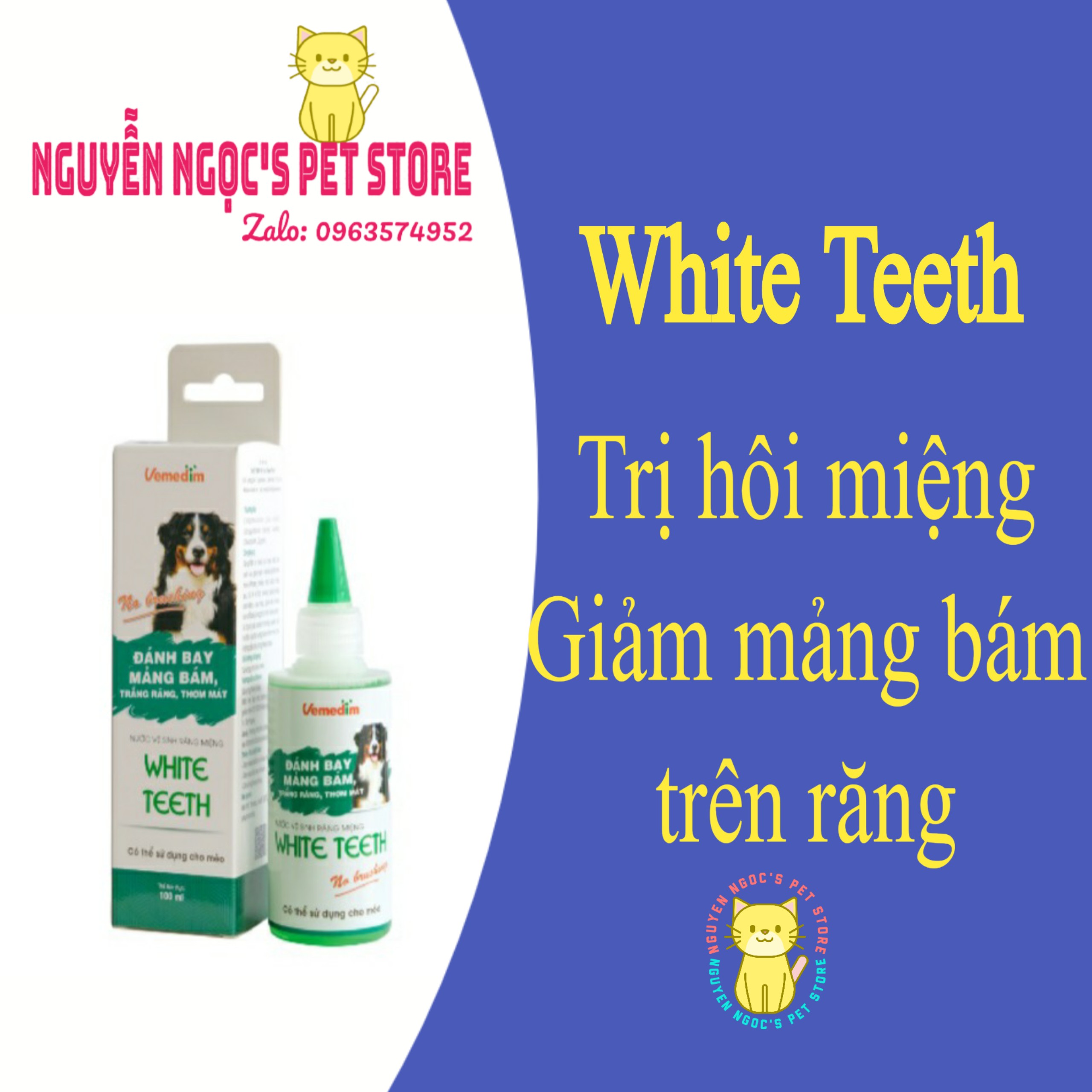 White Teeth Vemedim - Nước súc miệng ngăn ngừa mảng bám, cải thiện mùi và sức khỏe răng miệng dùng cho CHÓ MÈO chai 100ml