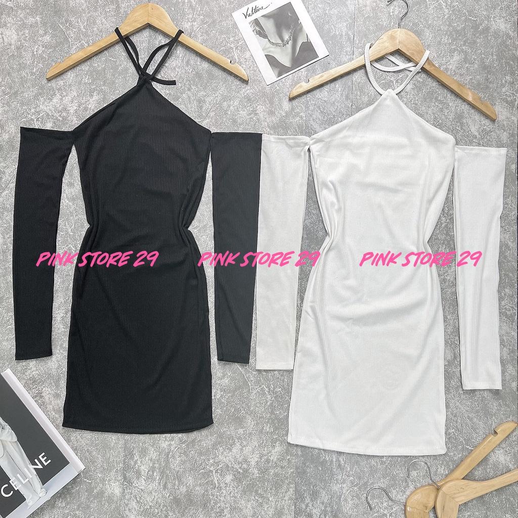 Đầm Body Trễ Vai Tay Dài PINKSTORE29 Phối Cổ Yếm, Tôn Dáng Gợi Cảm D053