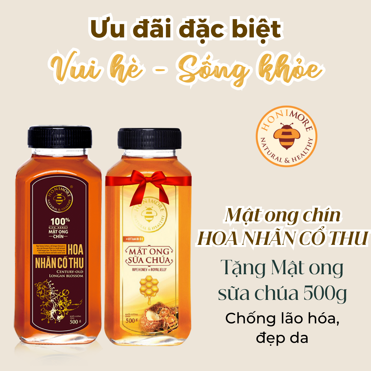 Combo Mật ong rừng Hoa Nhãn Cổ Thụ 500g - TẶNG 1 chai mật ong nguyên chất 500g - 100% mật ong chín Honimore 500g