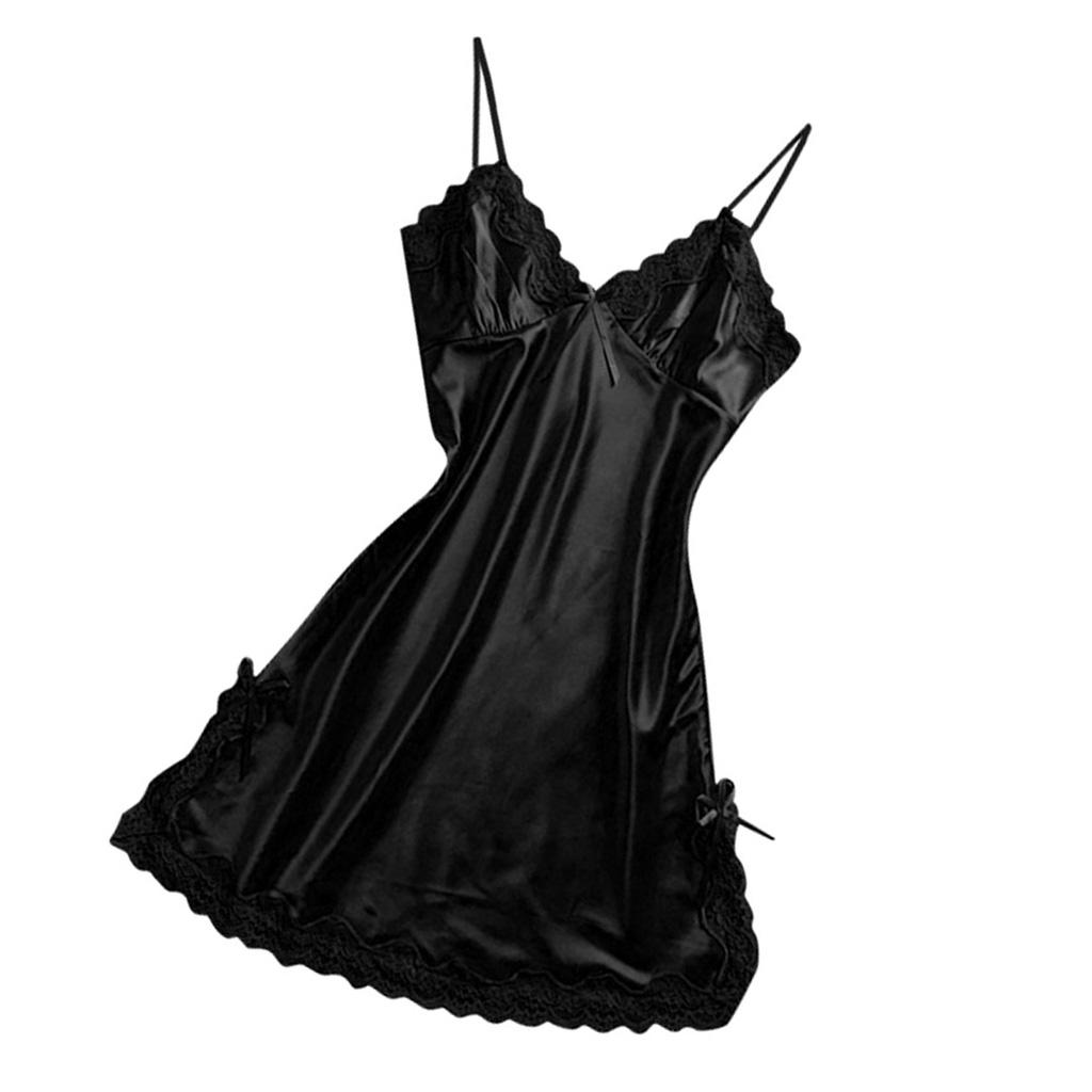 Women Black Sexy V-Neck Lace Trim Nightdress Sleepwear Sleeveless Pajama