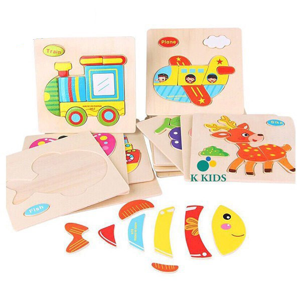 Bộ đồ chơi ghép hình 3D gỗ tranh với hình các con vật, xe cộ ngộ nghĩnh