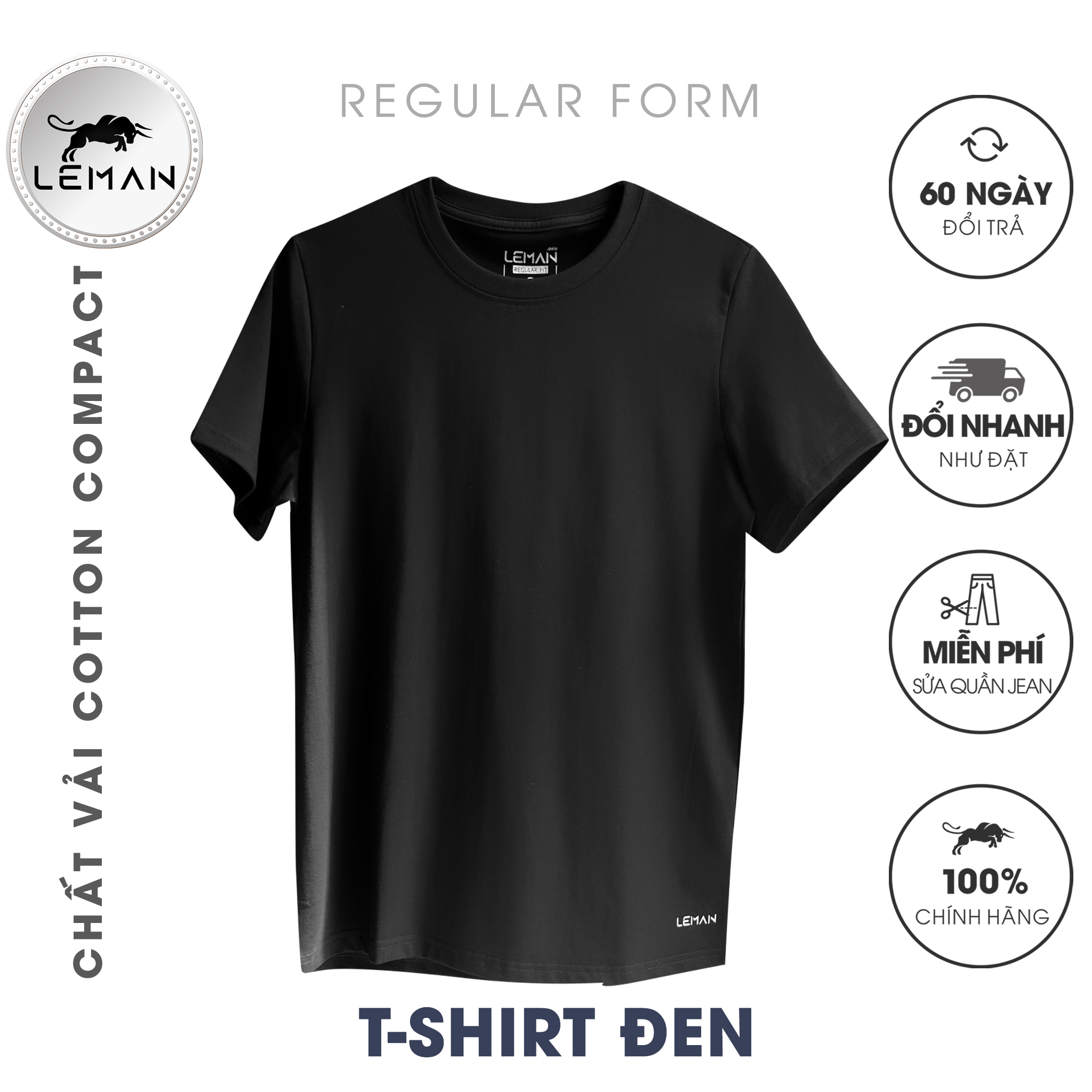 Áo thun nam T-Shirt Leman Cotton Compact màu đen Regular Form