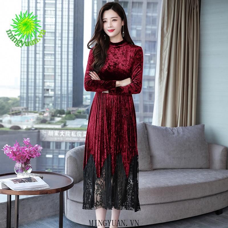 Đầm Nhung Phối Ren Dài Tay Phong Cách Thanh Lịch Dành Cho Nữ