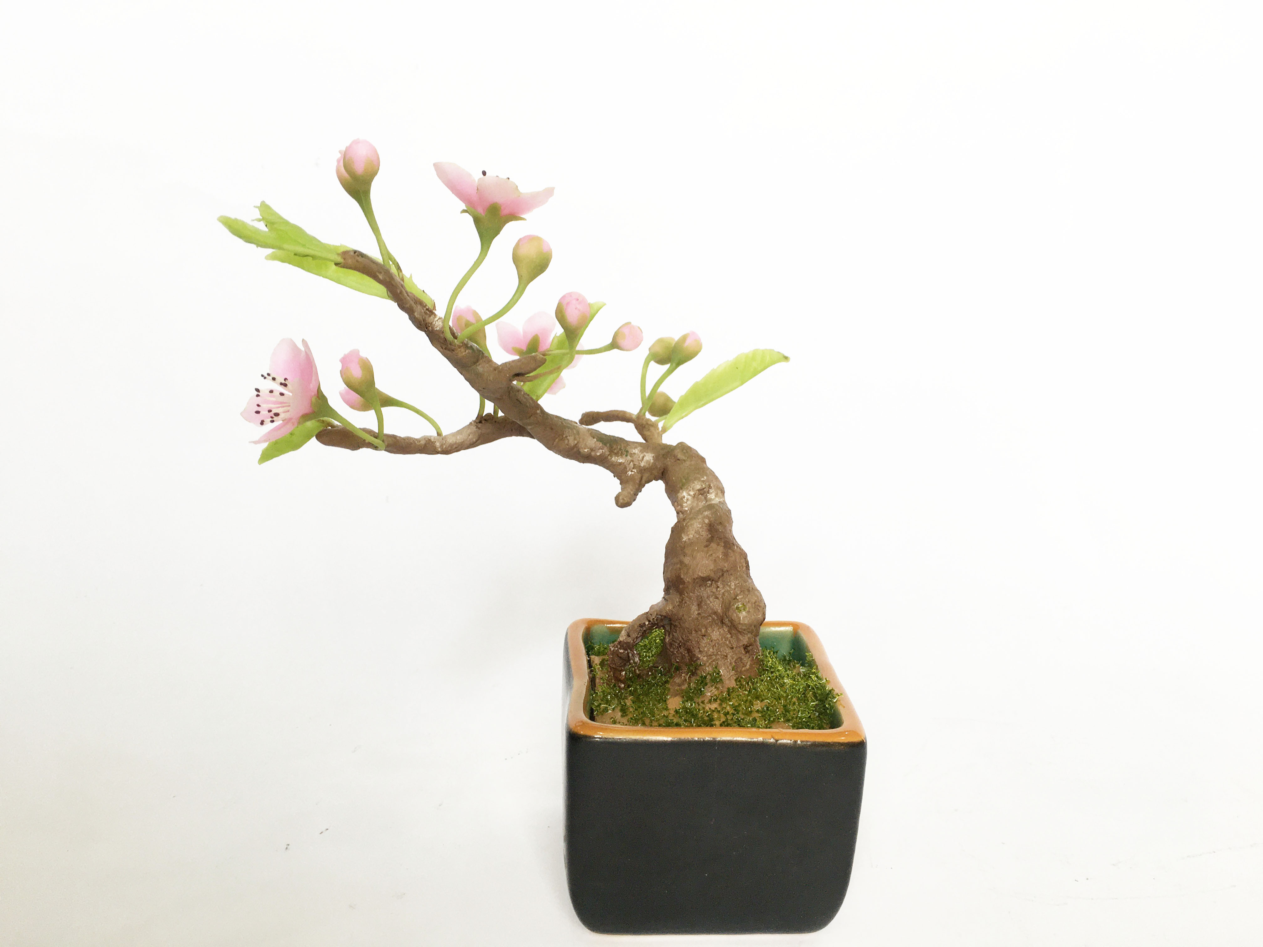 Chậu hoa đất sét mini- Bonsai hoa đào sakura - Quà tặng trang trí handmade (18x10x10cm)