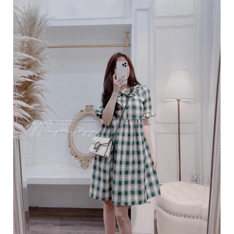 Váy babydoll kẻ xanh khoá dọc