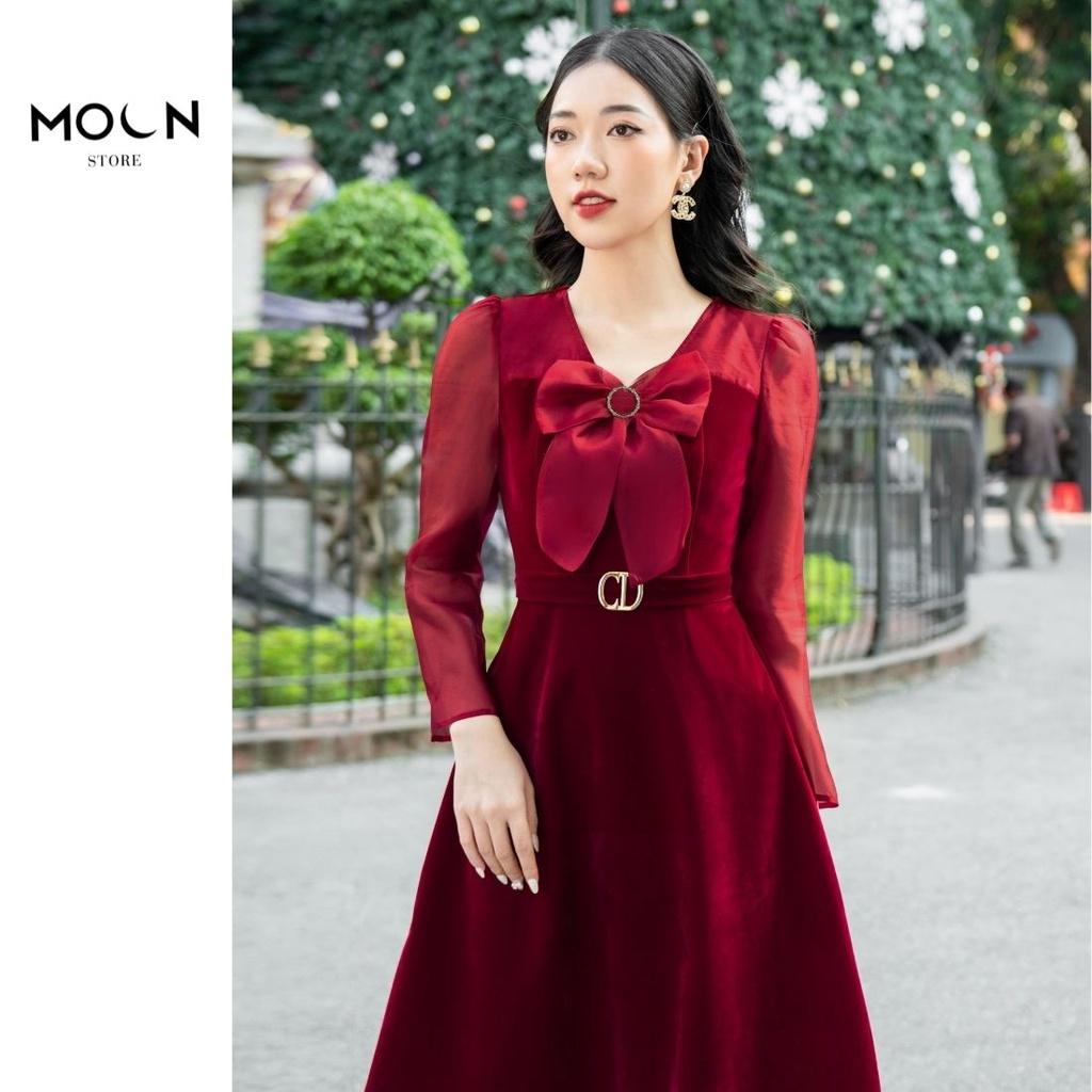 Váy Nữ Nhung Màu Đỏ Dáng Dài Tôn Da Tôn Dáng Sang Trọng Dễ Phối Đồ Đầm Công Sở Thu Đông MV221 MOON STORE
