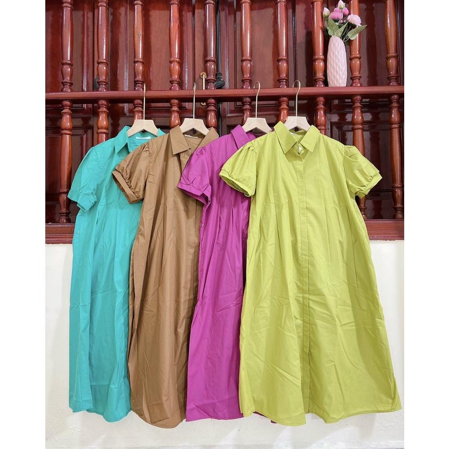 Váy Bầu Công Sở Ngắn Tay -Đầm Bầu Dáng Suông Cổ Sơ Mi Chất Mát freesize từ 45-70kg