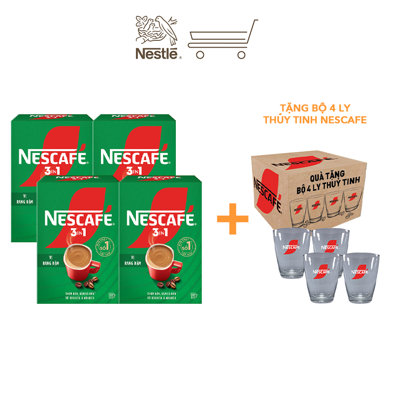 [Tặng Bộ 4 ly thủy tinh Nescafe] Combo 4 Hộp NESCAFE 3IN1 Công thức cải tiến - VỊ RANG ĐẬM Hộp 20 gói