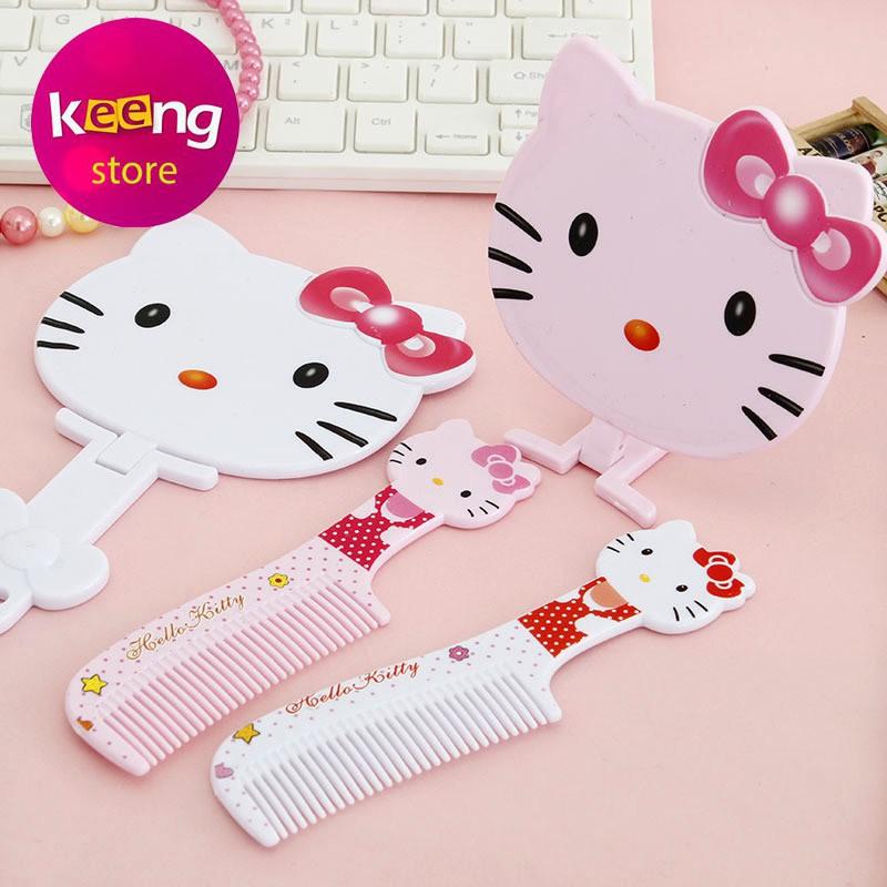 Gương trang điểm cầm tay Hello kitty kèm lược dễ thương