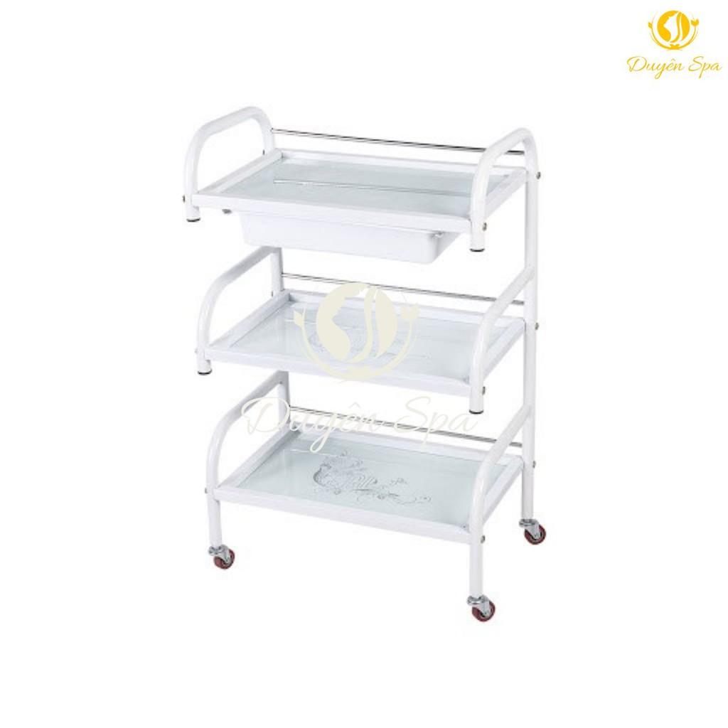 Xe Đẩy Kính Kệ 3 Tầng Có Bánh Xe Dùng Trong Spa, TMV và Các Salon Tóc