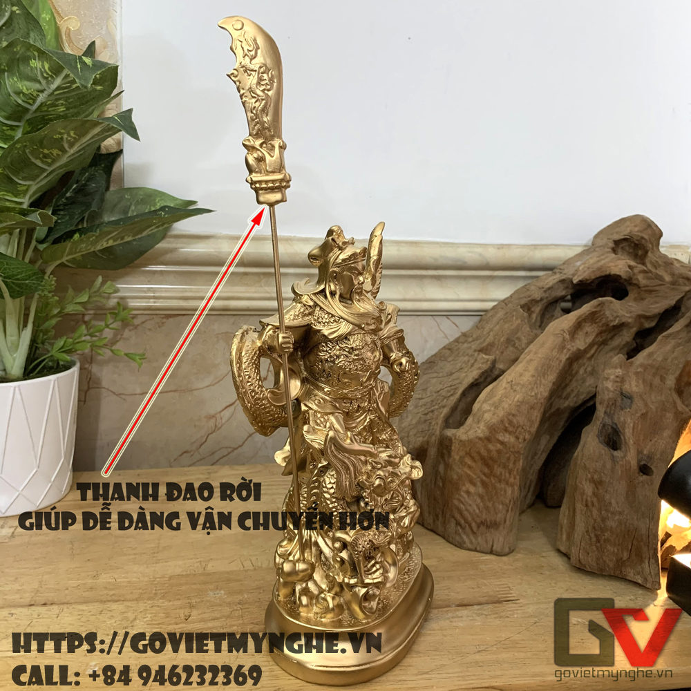 [Tượng Quan Công] Tượng đá trang trí phong thủy tượng Quan Công cầm đao cưỡi rồng - Cao 25cm - Màu nhũ đồng