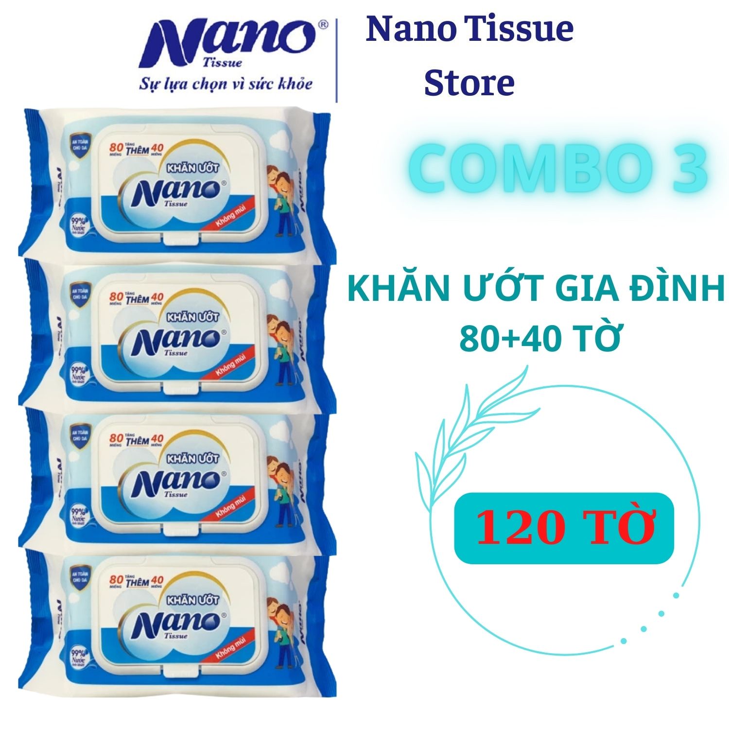 MUA 5 TẶNG 2 Combo 5 gói khăn ướt GĐ 80+40 miếng, thương hiệu Nano, an toàn tiết kiệm cho gia đình, hộp 120 tờ