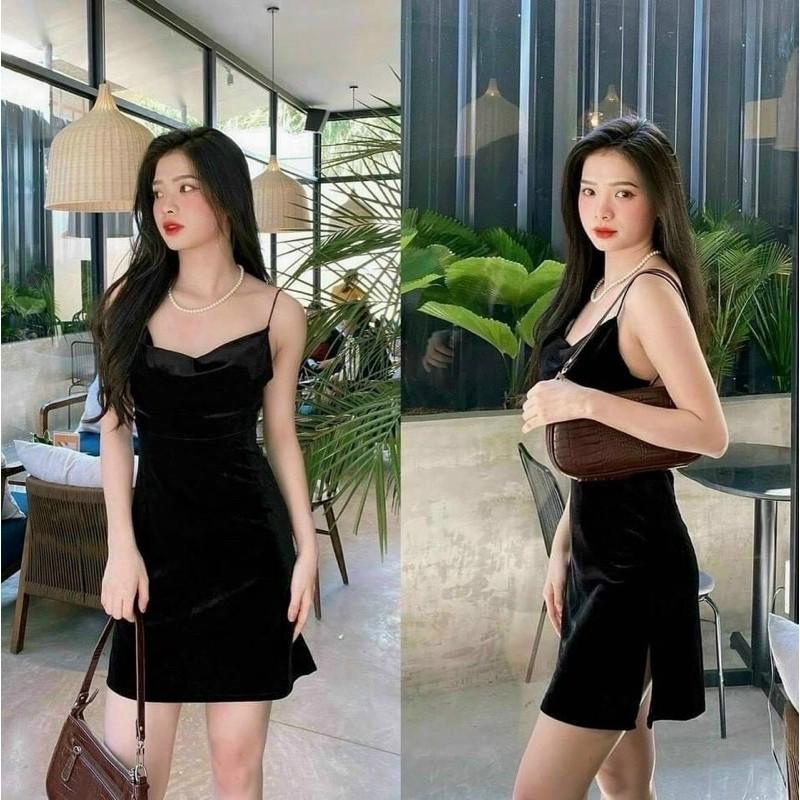 ĐẦM HAI DÂY XẺ ĐÙI HỞ LƯNG- NHUNG SEXY- ĐEN NGẮN/ĐỎ - GD030