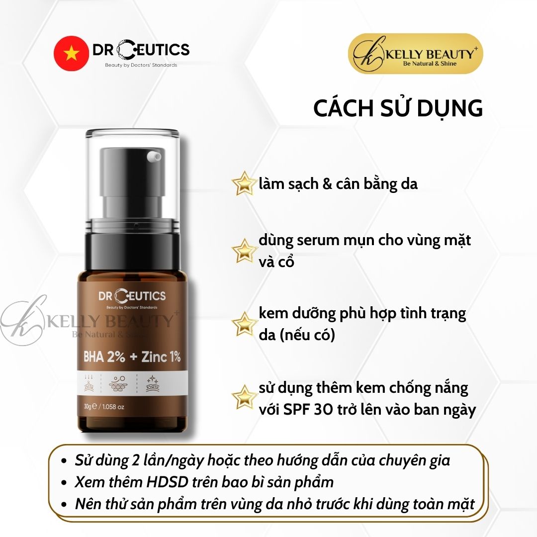 Serum Mụn DrCeutics BHA 2% + ZinC 1% - Cải Thiện & Ngừa Mụn; Giúp Kiềm Dầu | Kelly Beauty