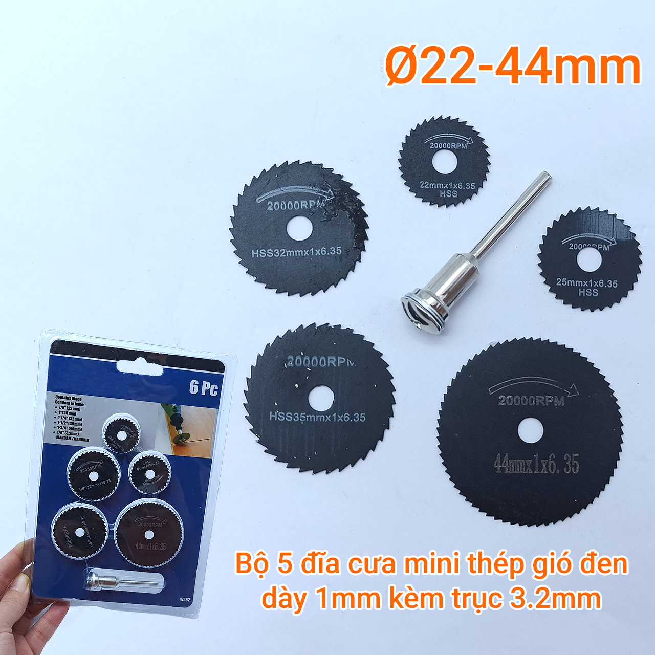 Bộ 5 đĩa cưa mini thép gió đen dày 1mm kèm trục 3.2mm đường kính 22, 25, 32, 35, 44mm