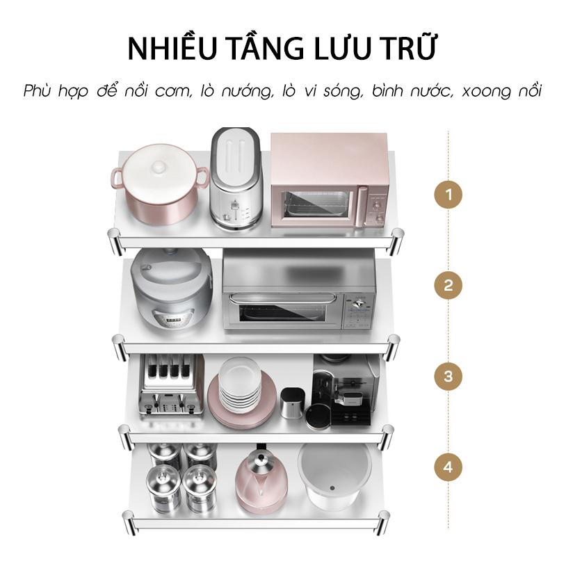 Kệ đa năng để lò sóng Inox 304 trắng chống han gỉ, kệ để đồ nặng nhà bếp cao cấp VANDO kệ tủ tiện lợi