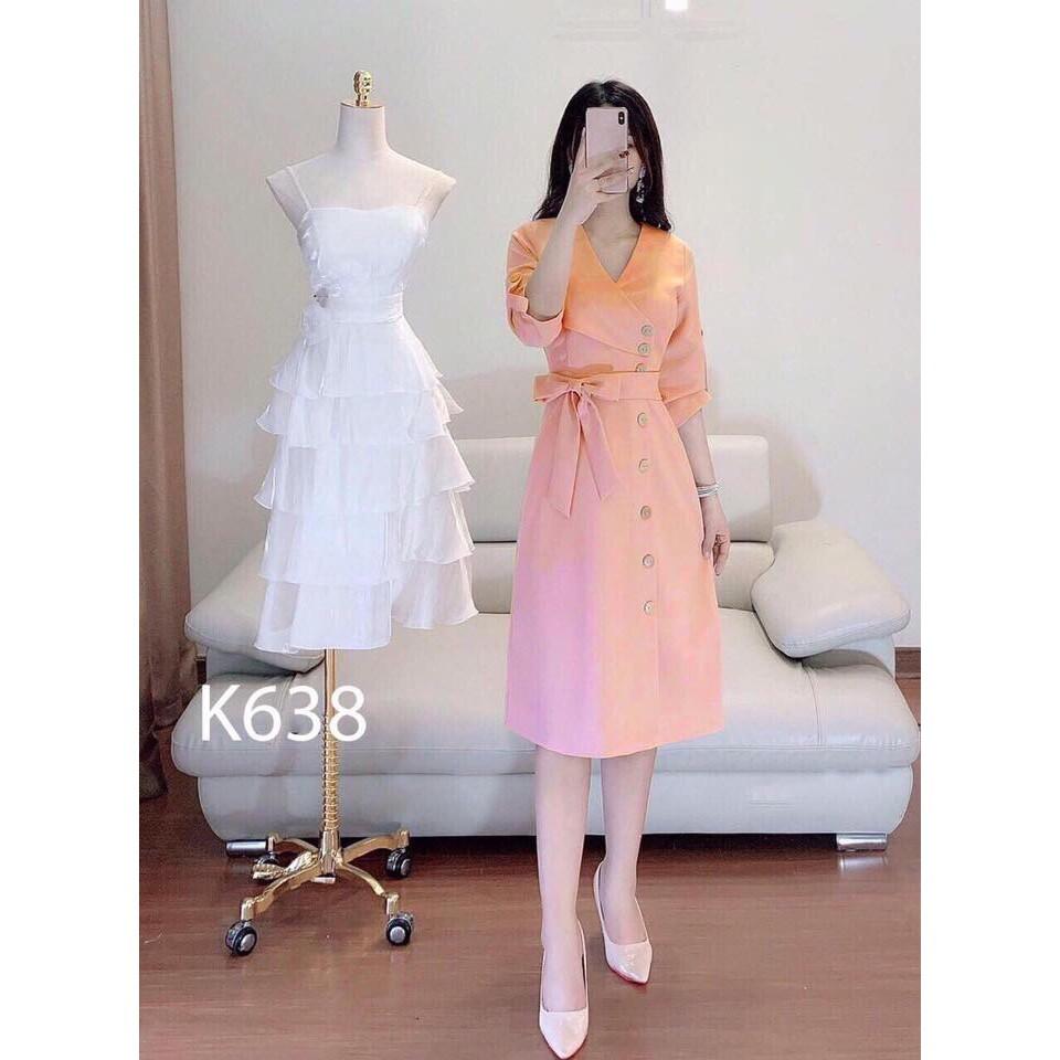 Đầm Xoè Đính nút Cổ Vest Vải Cực Đẹp
