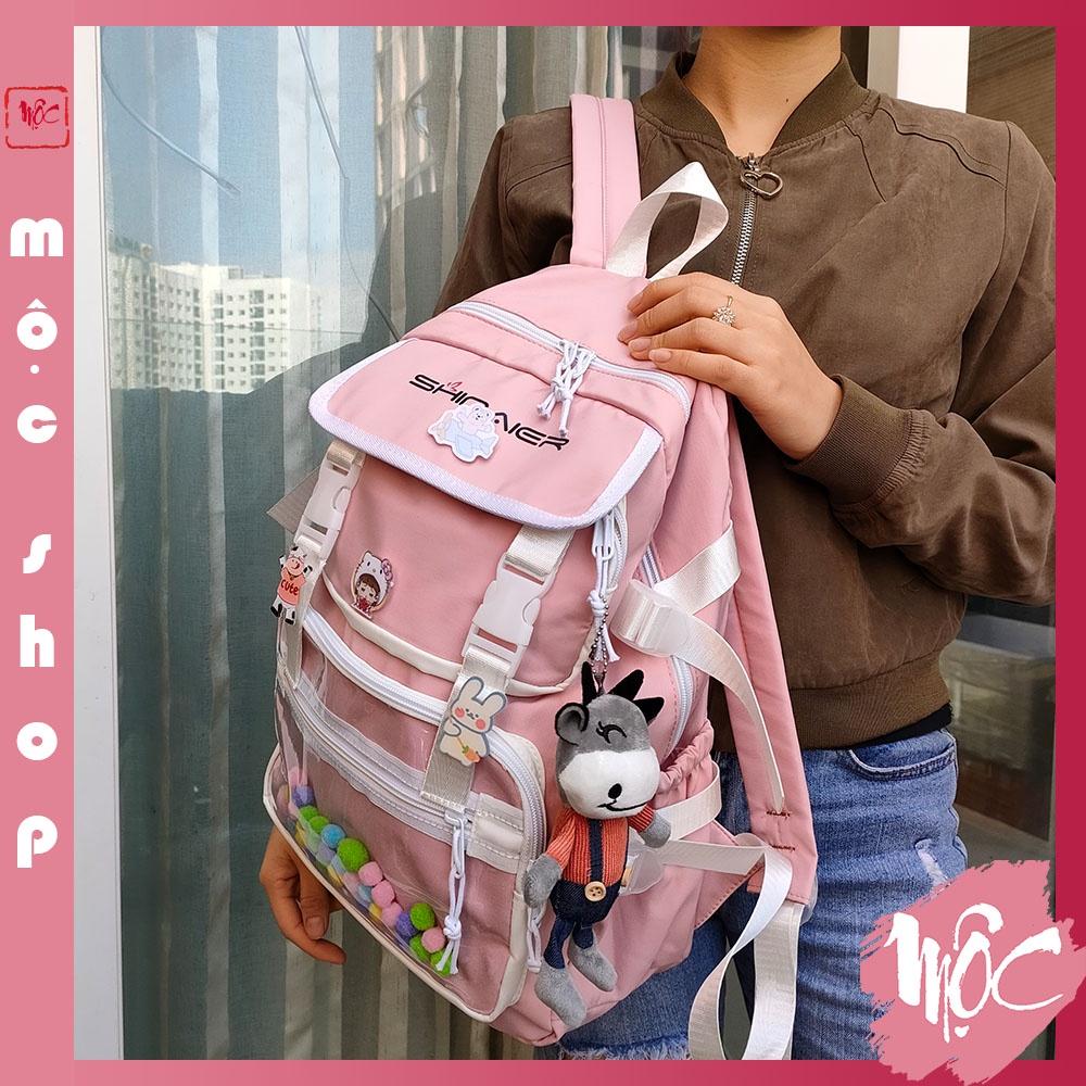 Balo ULZZANG, balo thời trang- BL223, nhiều ngăn, vải chống thấm nước- Tặng kèm Sticker, bóng, gấu