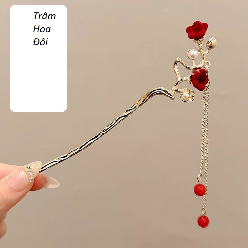 Trâm cài tóc hoa hồng đỏ, phụ kiện áo dài tết chụp ảnh cổ trang