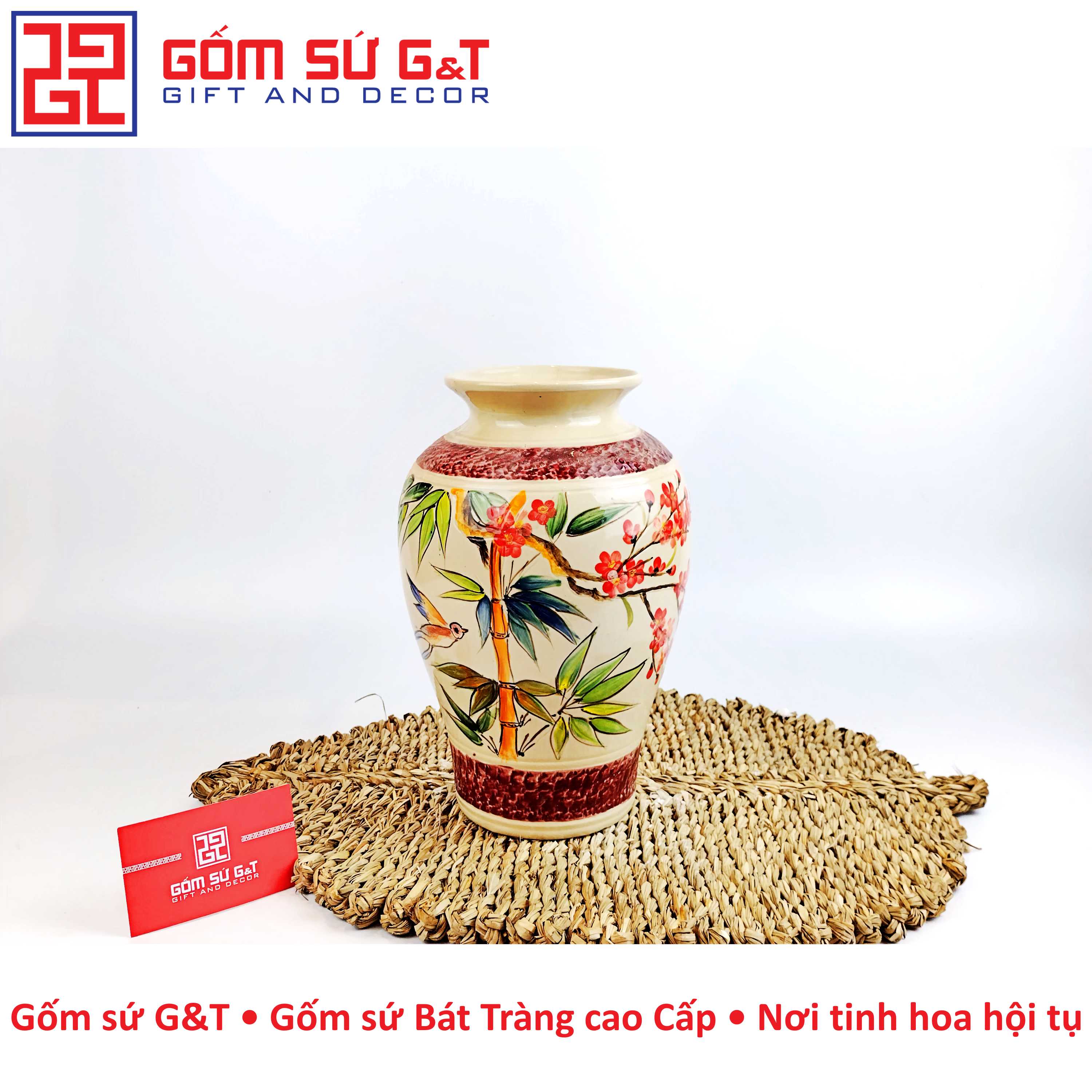 Lọ hoa dáng vò vẽ chim đào Gốm Sứ G&amp;T