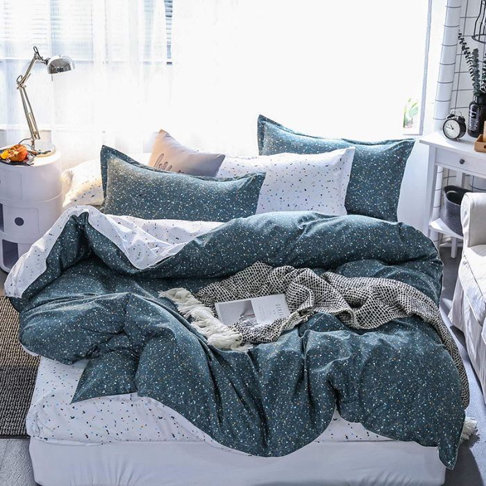Bộ chăn ga gối Cotton cao cấp 1m6x2m xanh chấm bi DQK113