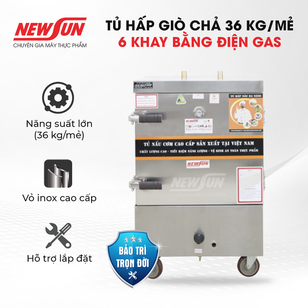 Tủ Hấp Giò Chả, Thực Phẩm 36 Kg Bằng Gas 6 Khay NEWSUN, Năng Suất Cao - Hàng Chính Hãng