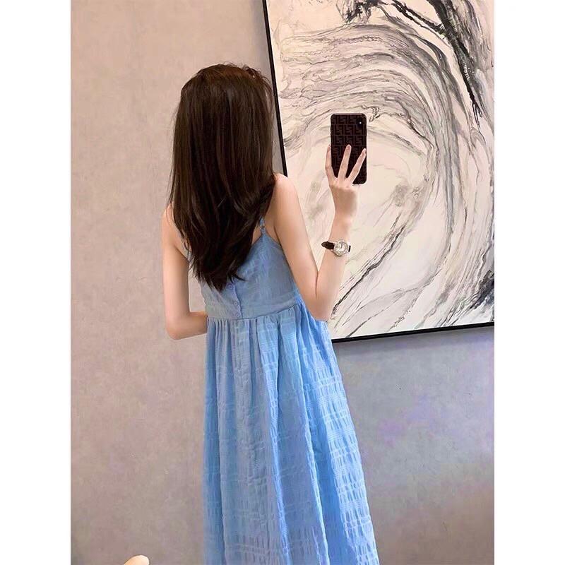 Đầm 2 dây màu xanh dương dáng xòe, Đầm maxi 2 dây dài Cao Cấp đính nút ngực, nữ tính quyến rũ MiNhi