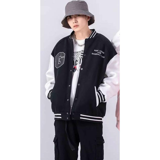 Áo Khoác Bomber Nam Nữ Logo In Chữ G Phối Tay Trắng Chất Nỉ PE Cao Cấp Không Xù Kiểu Dáng Hot Trending