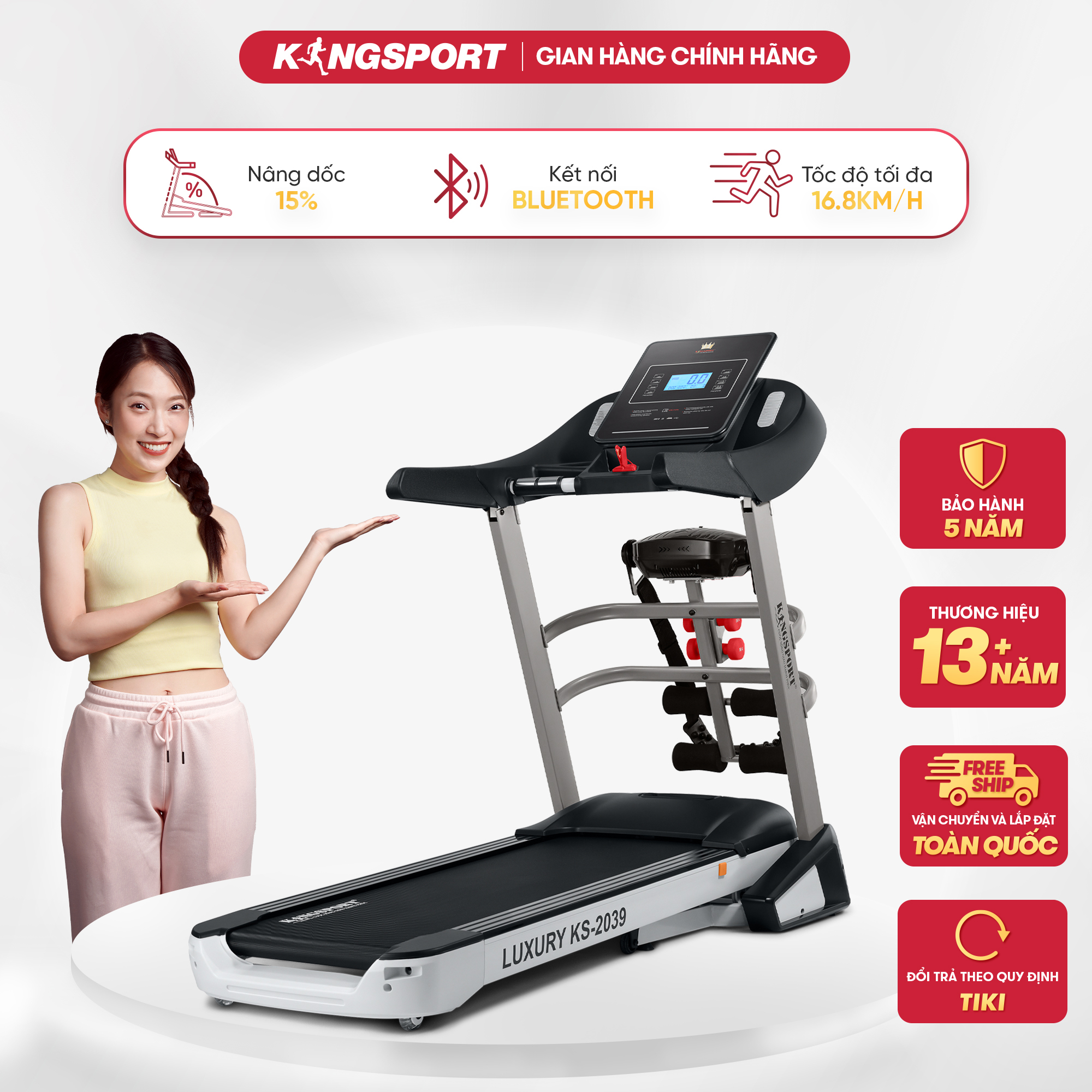 Máy chạy bộ tại nhà Kingsport Luxury KS-2039 có chức nâng dốc tự động, kèm theo đai massage và thanh gập bụng