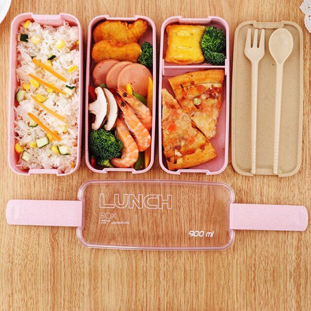 Hộp Cơm Văn Phòng Giữ Nhiệt Kèm Muỗng Tiện Dụng - Hộp Cơm Lúa Mạch Lunch Box 3 Tầng 900ml