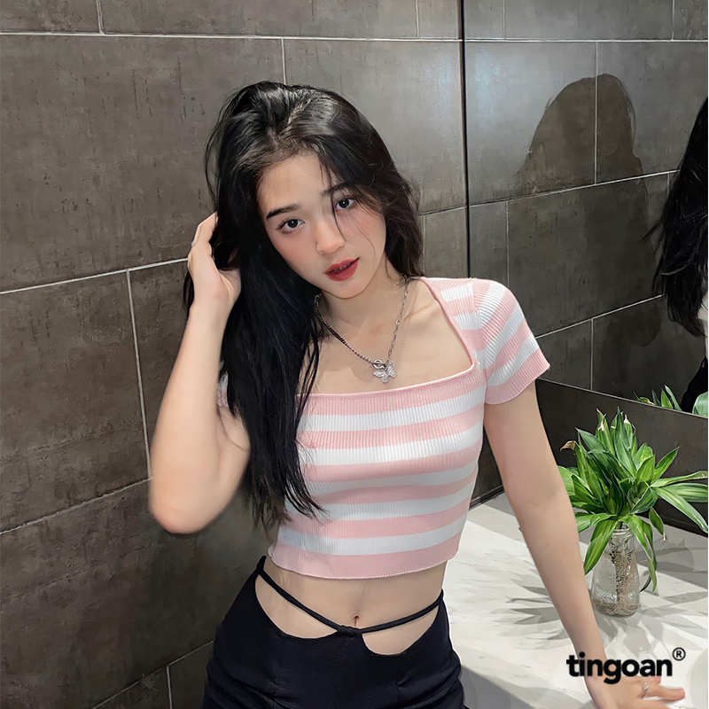Áo len crop lửng ngắn tay cổ vuông kẻ trắng hồng BORA BORA TOP/PK