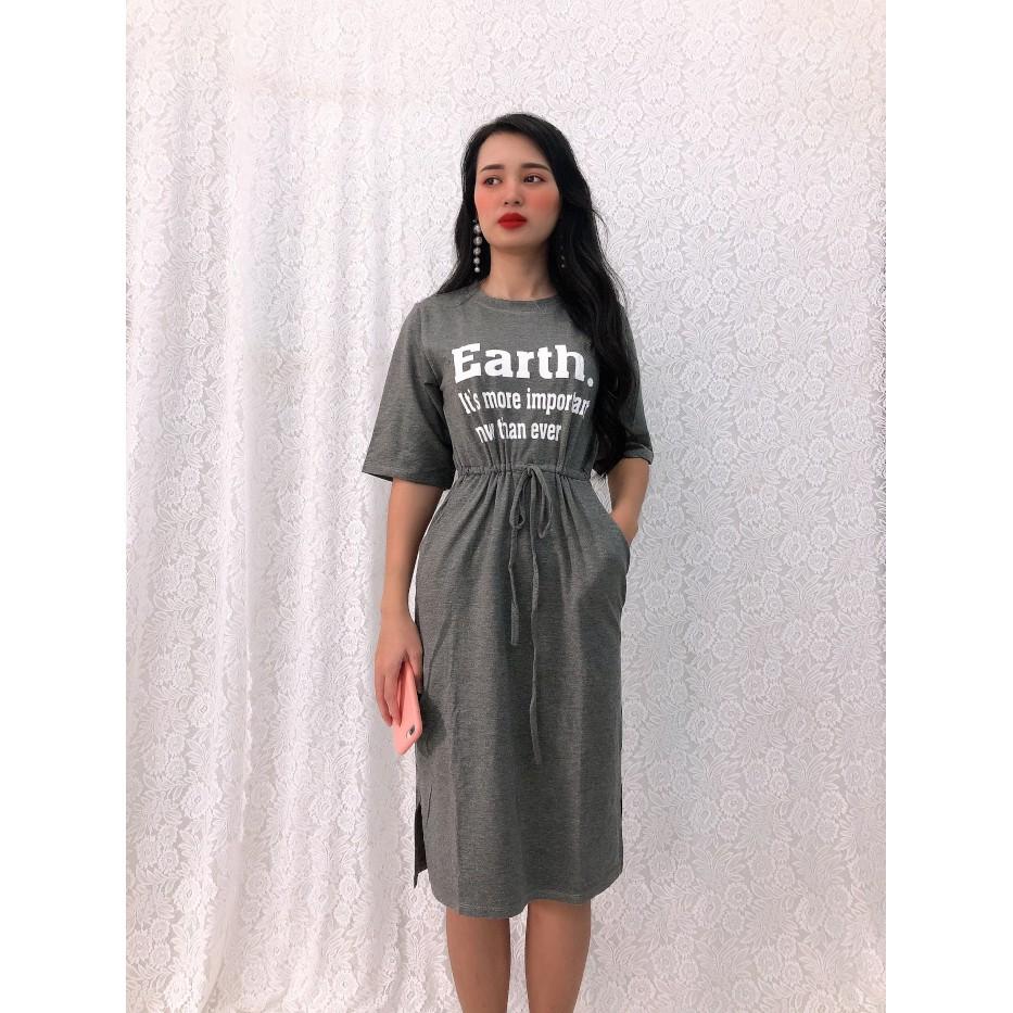 Đầm suông thun rút eo, xẻ tà
