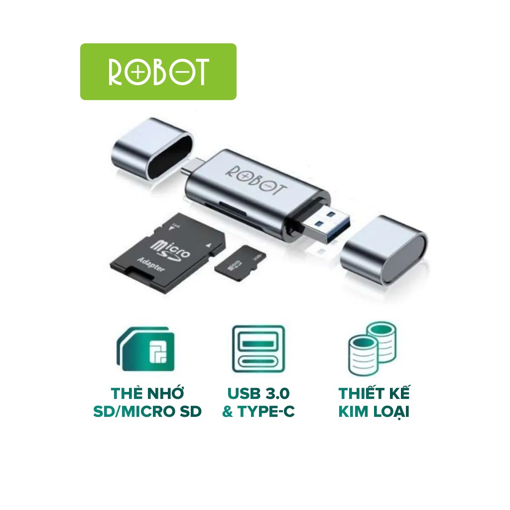 Thiết Bị Đọc Thẻ Nhớ ROBOT CR202 - 2 Đầu Type-C Và USB 3.0, Khe Cắm Thẻ Nhớ SD/Micro SD - Hàng Chính Hãng